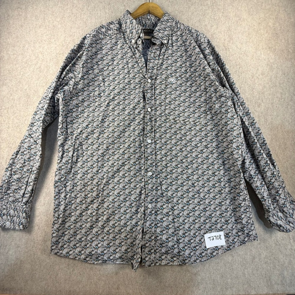 Ariat Mens XL Long Sleeve Button Down Shirt Brown Blue Paisley Cotton Western